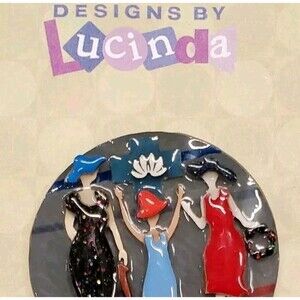 Designs By Lucinda Brooch Pin Women Of The ELCA Round on Card 3 Ladies In Hats
